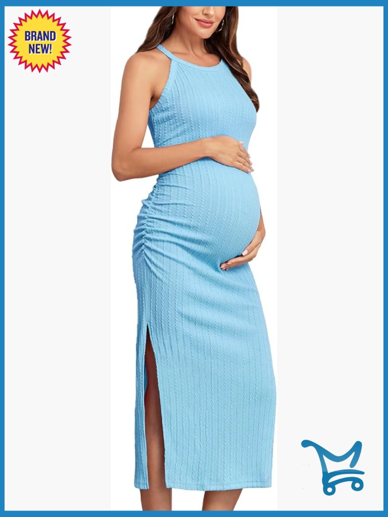 Ribbed Summer Maternity Bodycon Dress Sleeveless Halter Ruched Slit Long Baby